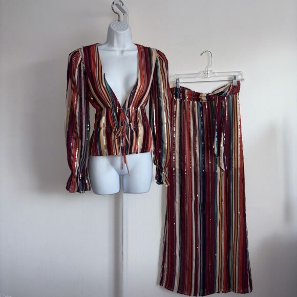 House Of Harlow x Revolve Roksana Blouse & Mya Maxi Skirt Red Stripe Sequin XS - Picture 1 of 11